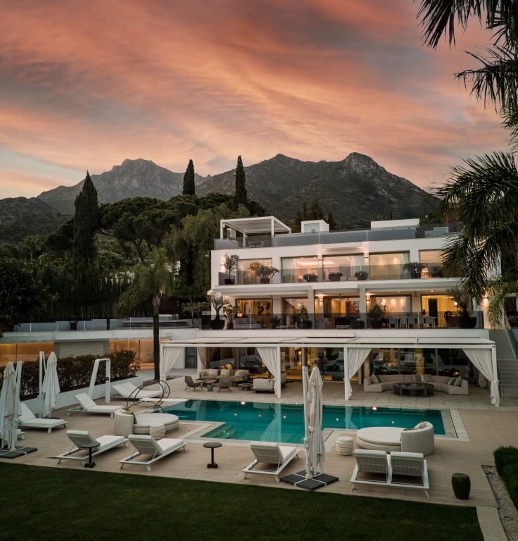 Villa Serenity Marbella at sunset with pool and La Concha mountain views