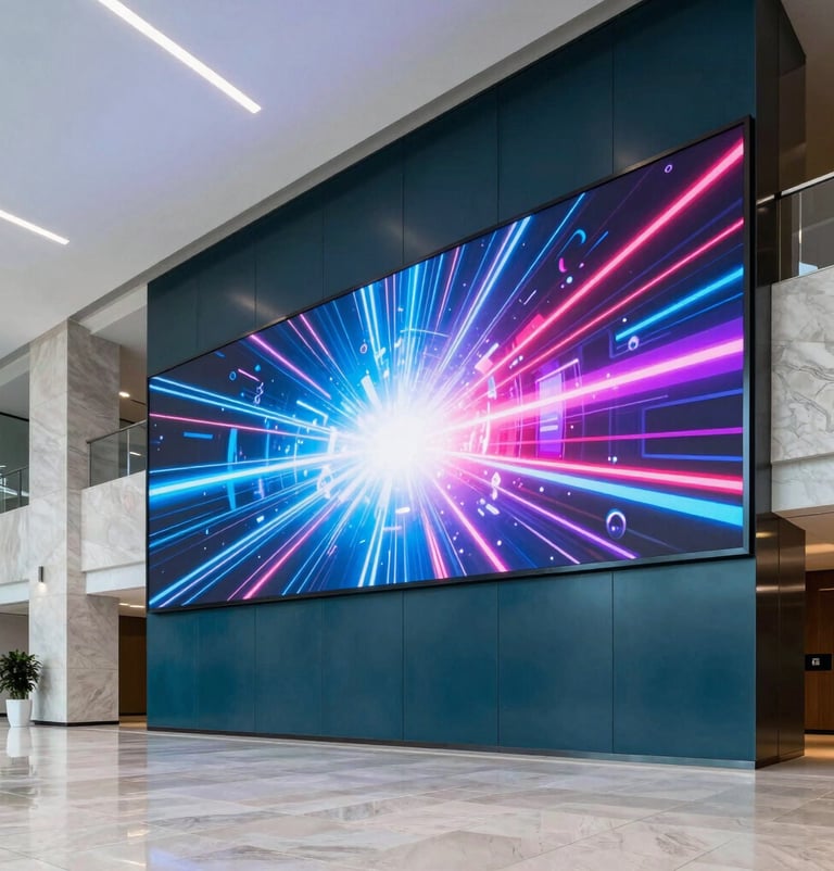 A wide-angle photograph of a sleek corporate lobby where a massive LED wall displays a vibrant, high-energy video sequence. The architecture is clean, using soft arctic mist stone and deep midnight teal metal details.