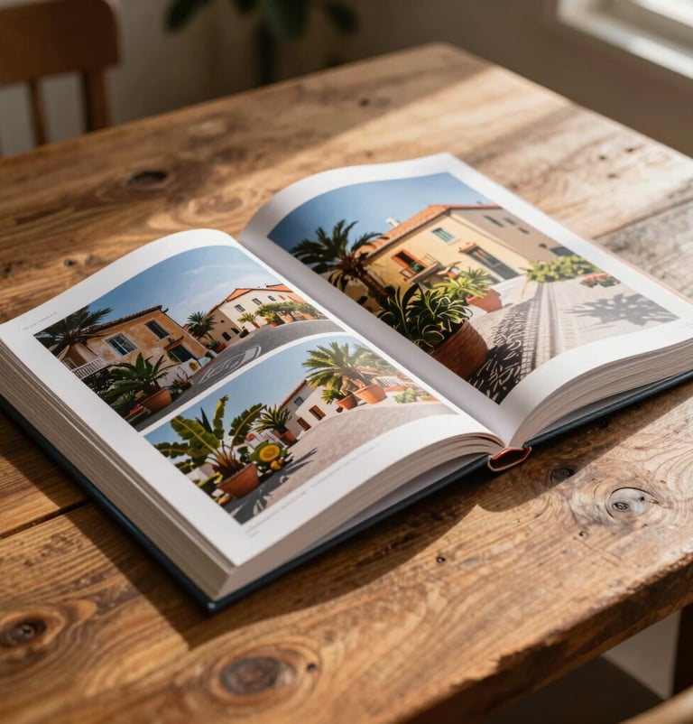 A high-quality photography portfolio book lying open on a rustic wooden table in a Southern European / Italian home. Warm afternoon sunlight illuminates the pages, showing vibrant lifestyle images.