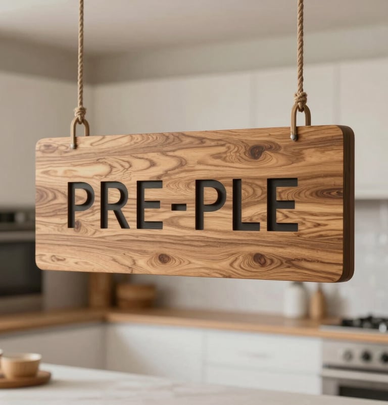 Lifestyle shot of a custom wood sign hanging in a well-lit, clean kitchen with warm earthy tones, emphasizing the professional and polished finish of the product.