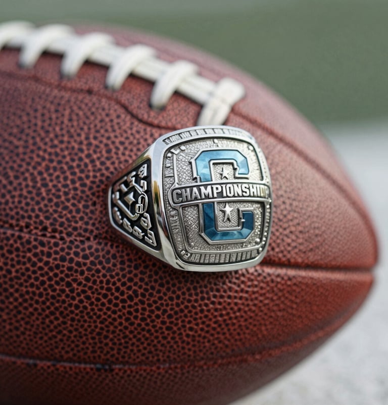 A close-up of a state championship ring resting on a football, soft lighting, focus on the intricate details of the award, brand colors #1C2B3A and #8FAEC0 reflected in the metal.