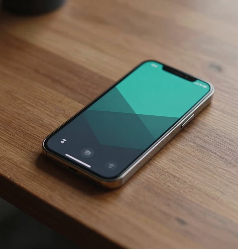 A photography shot of a smartphone lying on a wooden desk showing a custom-built mobile application interface with a modern teal and dark gray color palette. Global / Digital Professional setting.