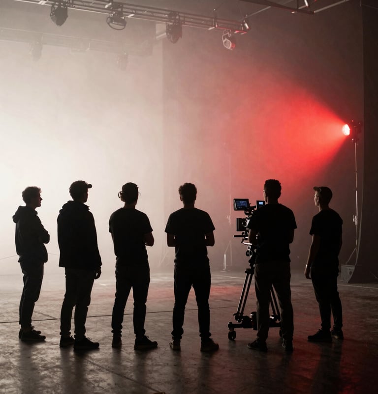 A wide behind-the-scenes shot of a professional film crew on a dark stage in Berlin. The environment is filled with soft off-white haze. A camera rig is visible in silhouette against a vibrant crimson red spotlight.