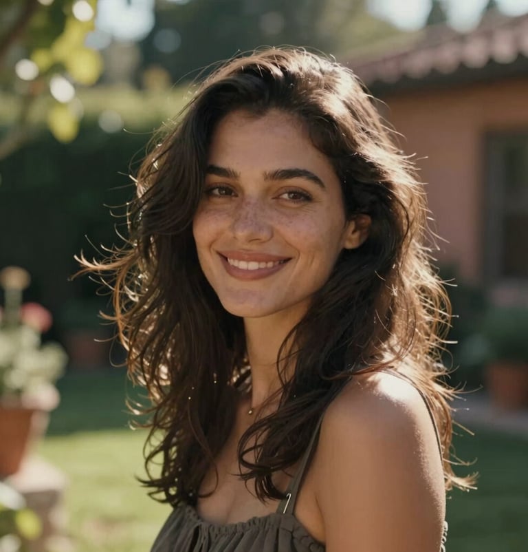 A soulful, cinematic portrait of a woman smiling naturally in a sun-kissed North American garden. Her hair is caught in a slight breeze. The colors are warm with charcoal and terracotta accents in her surroundings. The focus is intimate and deeply personal.