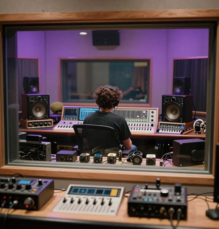A professional recording studio session in North America. A musician is seen through the glass of the control room, surrounded by vintage gear and modern purple lighting, capturing an edgy, creative moment.