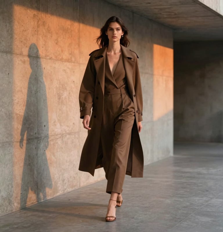 A vertical cinematic shot of a high-end fashion model walking through a minimalist concrete hallway in Sydney, dramatic shadows, soft orange light hitting the wall, professional fashion photography.
