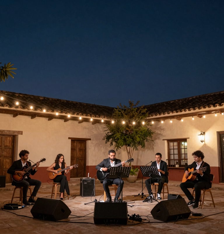 An artistic outdoor music performance setting in a Latin American / Spanish courtyard at dusk, strings of warm lights, dark navy evening sky, sophisticated and calm mood.