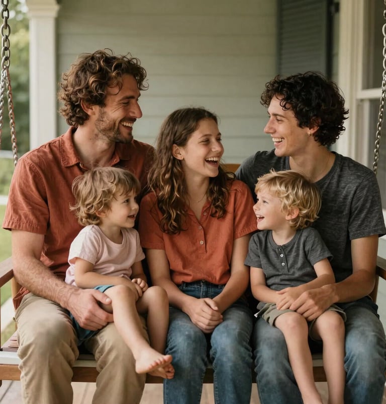 A candid shot of the whole family huddled together on a porch swing, laughing. The lighting is warm and natural, highlighting the authentic textures of their clothing in shades of Terracotta and Charcoal.