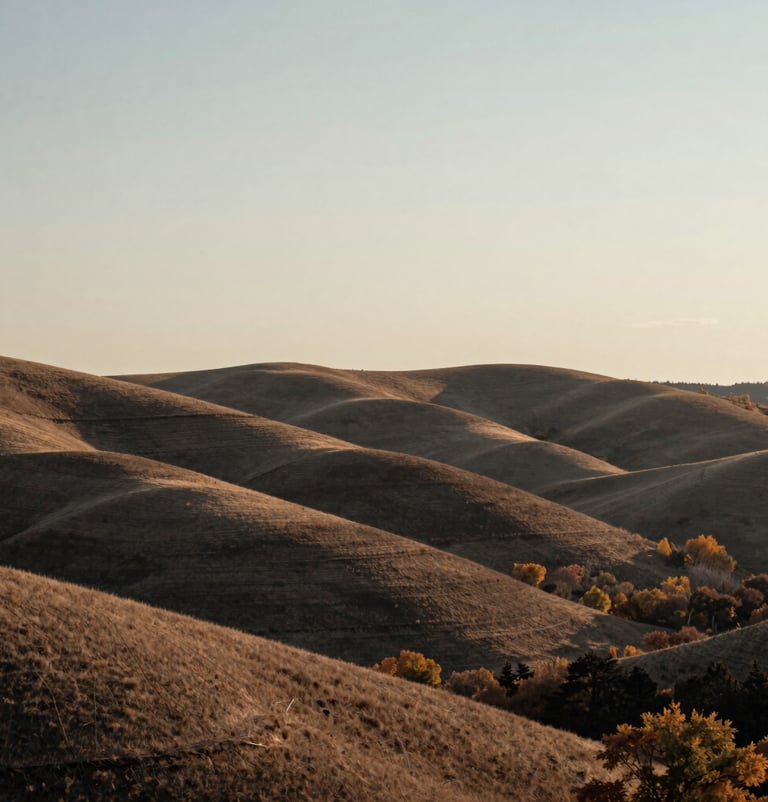 Landscape photography of rolling hills in the Greater Toronto Area during autumn. Muted colors of taupe and dark brown, soft afternoon lighting, clean horizon line and minimalist composition.