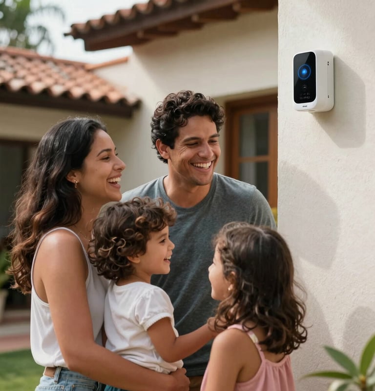 A happy South American / Brazilian family sharing an authentic moment of laughter in their sun-drenched backyard, feeling safe and protected by their home security system.