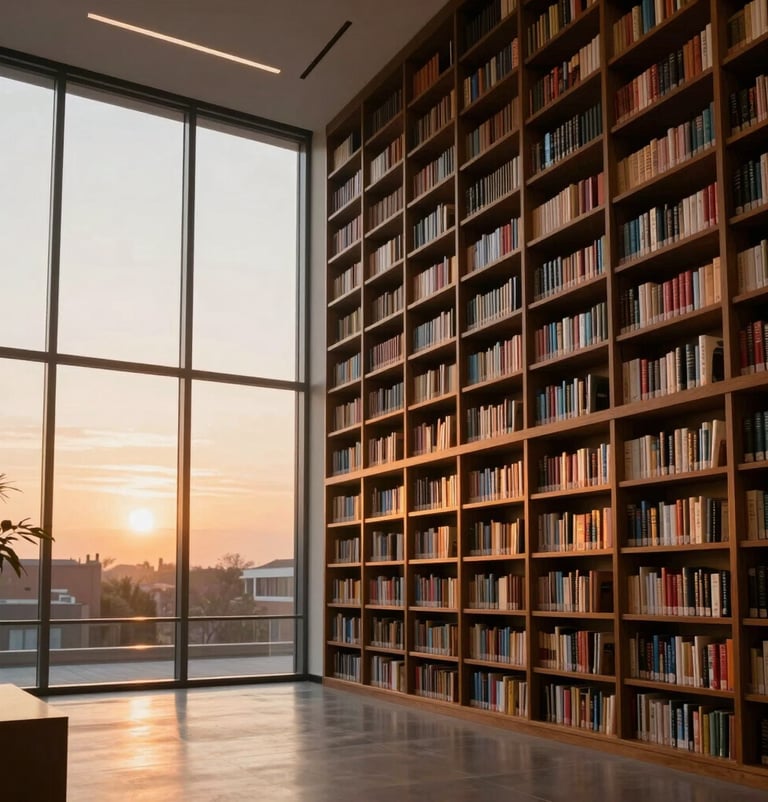 A wide-angle interior shot of a minimalist library with towering dark wood bookshelves in a modern International / Western academic building. Warm sunset apricot light streams through floor-to-ceiling windows.