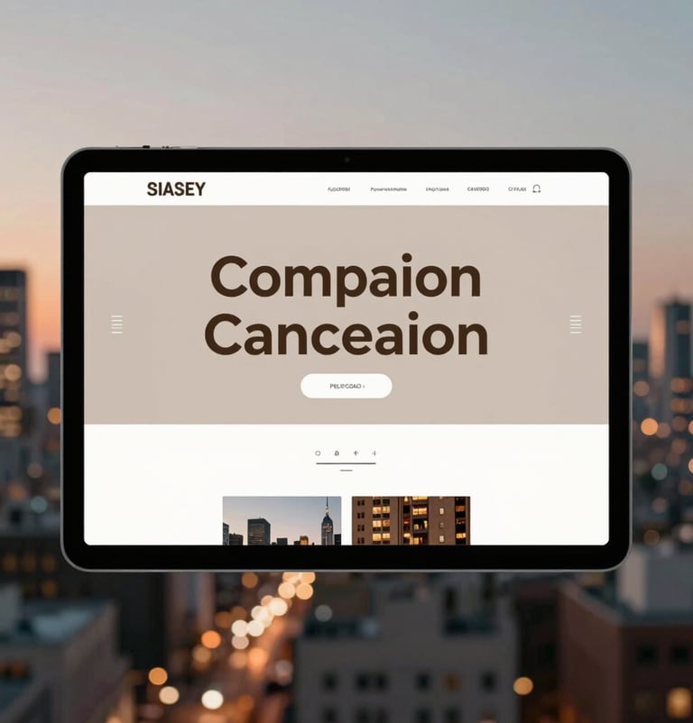 Cinematic shot of a city skyline at dawn, blurred lights in the background, sharp focus on a digital screen displaying campaign copy. Mood is sophisticated and creative. Palette features #3A3F3B and #C1C4BF.