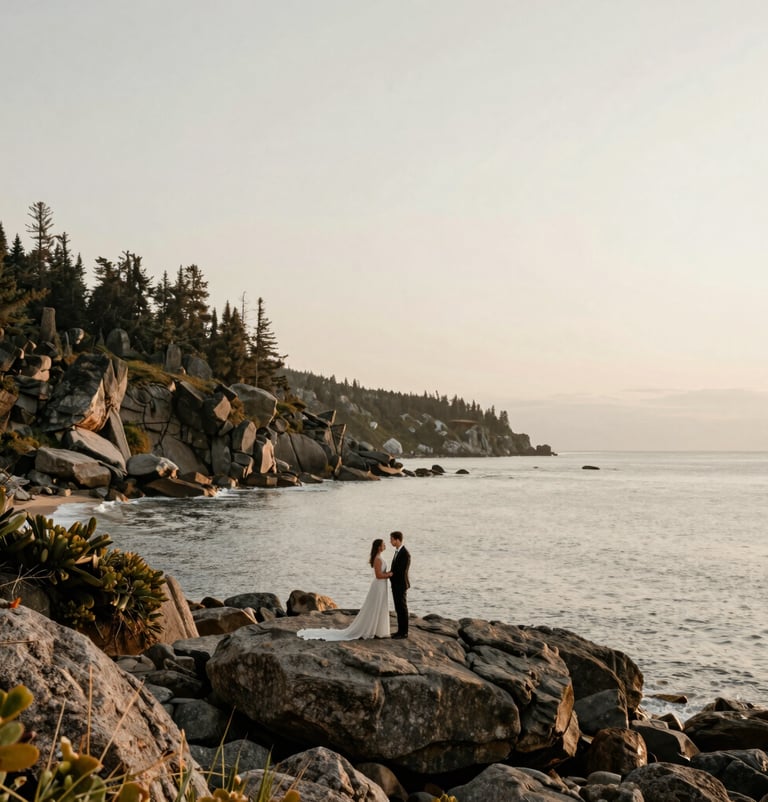 A sweeping travel-style landscape photo of a North American / US coastline where the clients held an anniversary event. The sky is a soft Off-white and Stone palette, showing the couple’s appreciation for the natural world and artistic composition.