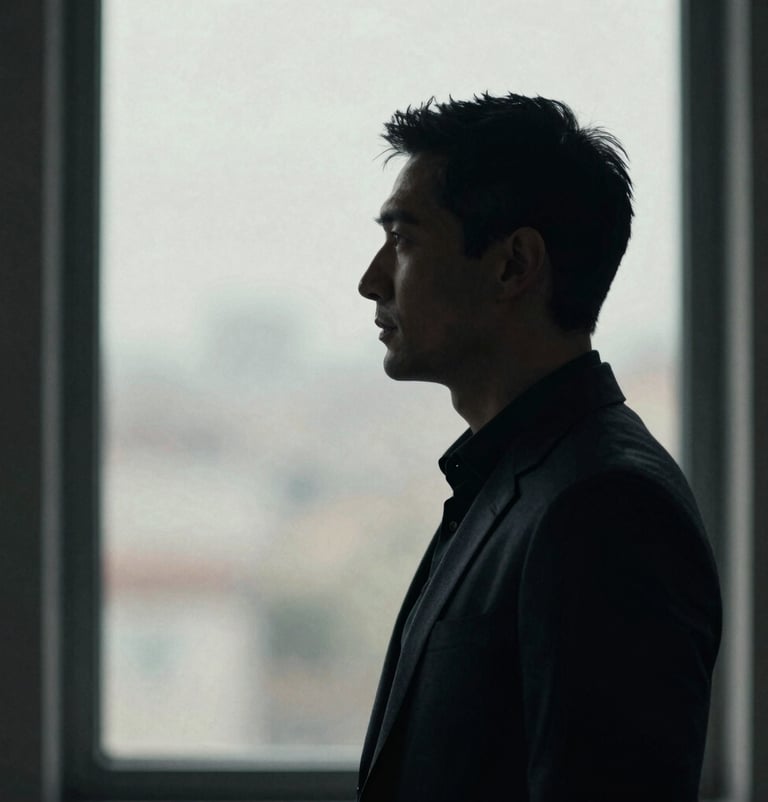 A sophisticated profile shot of a filmmaker silhouette against a softly lit window, cinematic grain, elegant and professional mood, #0A0A0A tones.