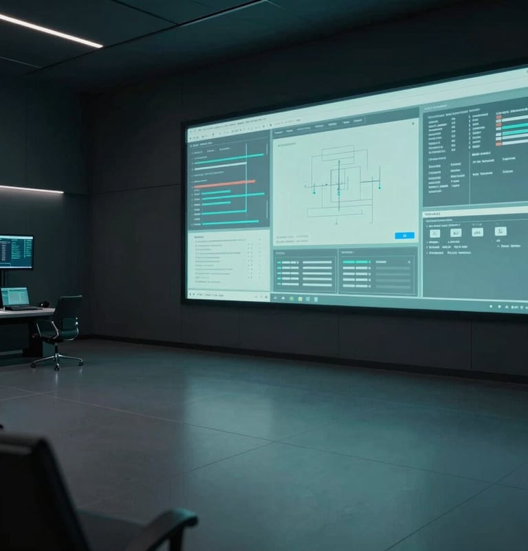 A wide-angle professional photo of an empty, high-tech command center with dark charcoal walls and several large screens displaying clean, modern data visualizations in muted teal.