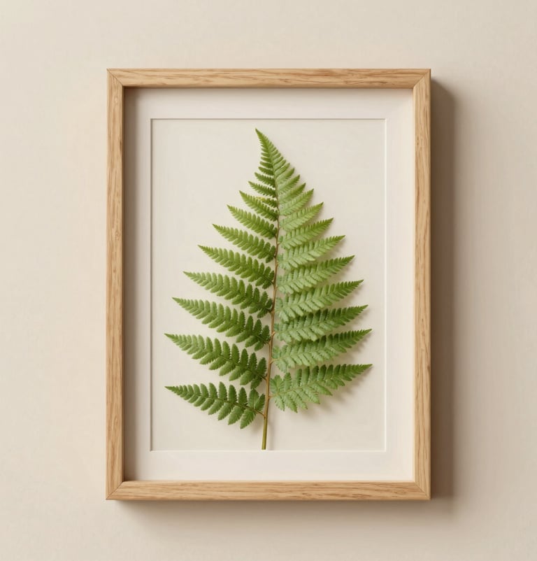 A top-down view of a finished illustration of a delicate fern, framed in a simple light wood frame, leaning against a warm cream wall. The lighting is soft and natural.