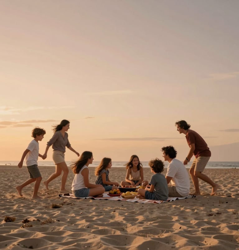 A wide cinematic shot of a family picnic on a beach at sunset. The sand is a warm beige, and the sky is a soft terracotta. The family is captured in a blurred motion of joy, creating a storytelling feel.