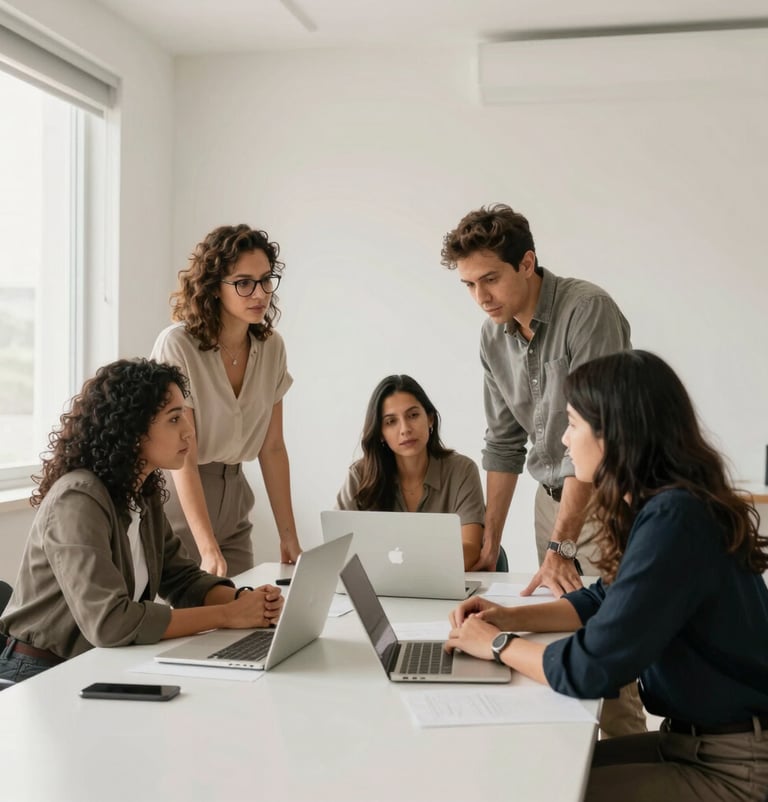 A group of South American / Brazilian professionals collaborating in a bright, minimalist shared workspace, soft natural lighting, high-quality photography, muted taupe and off-white color palette.