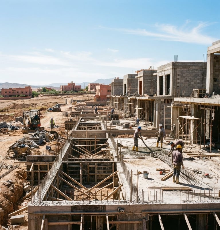 Image panoramique d'un chantier de construction marocain moderne, avec des fondations en béton armé et des ouvriers en équipement de sécurité, sous un soleil éclatant, ombres nettes, 35mm