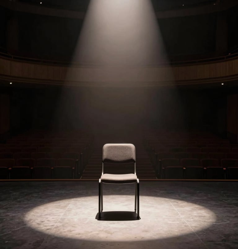 A wide photography shot of a single empty chair on a stage, illuminated by a soft off-white spotlight. The surrounding auditorium is lost in deep dark charcoal shadows, creating an immersive, artistic mood.