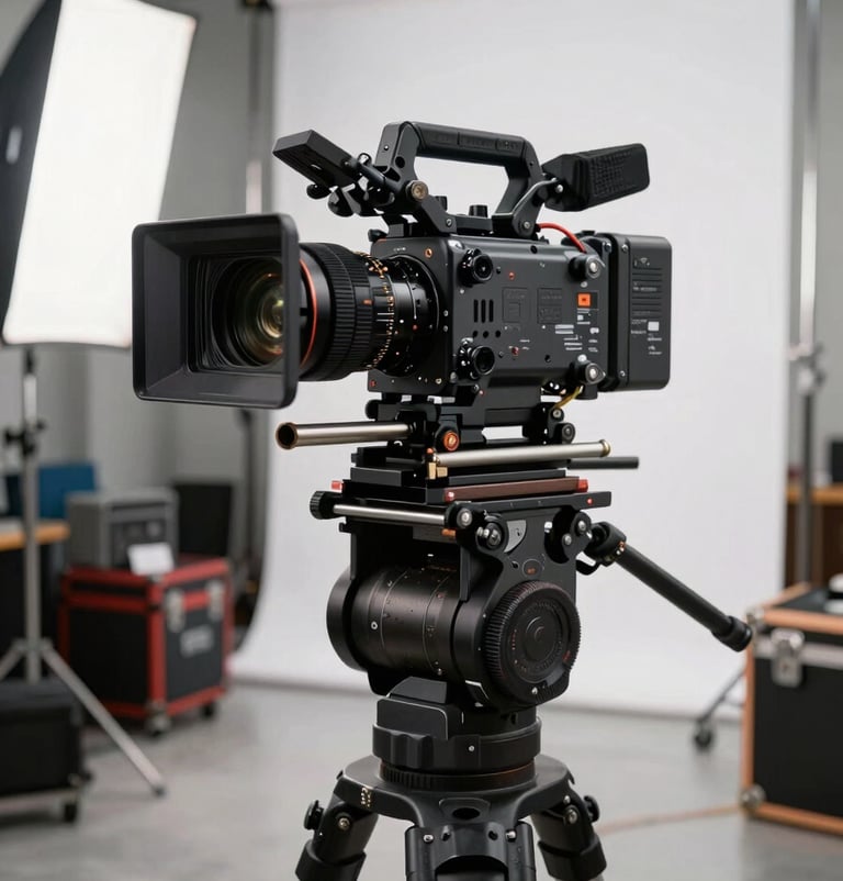 Close environmental shot of professional cinema camera on a heavy-duty rig inside a Thai rental house staging area, bright studio strobe lighting revealing equipment detail, cables and cases organized in the background, wide enough to show operational scale