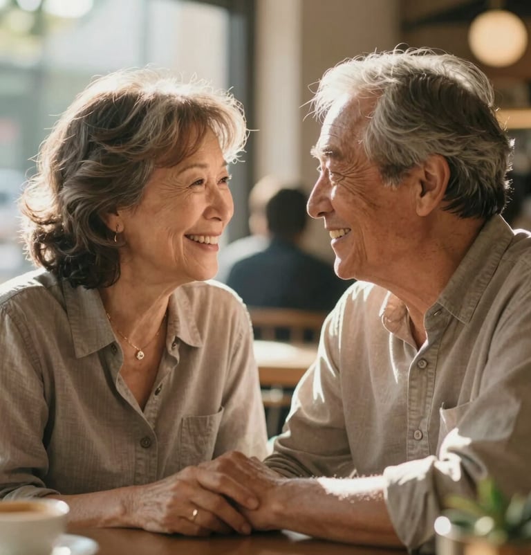 Cinematic portrait of an older couple smiling warmly at each other in a sun-drenched cafe. Authentic interaction, soft warm natural light reflecting a lifetime of love.