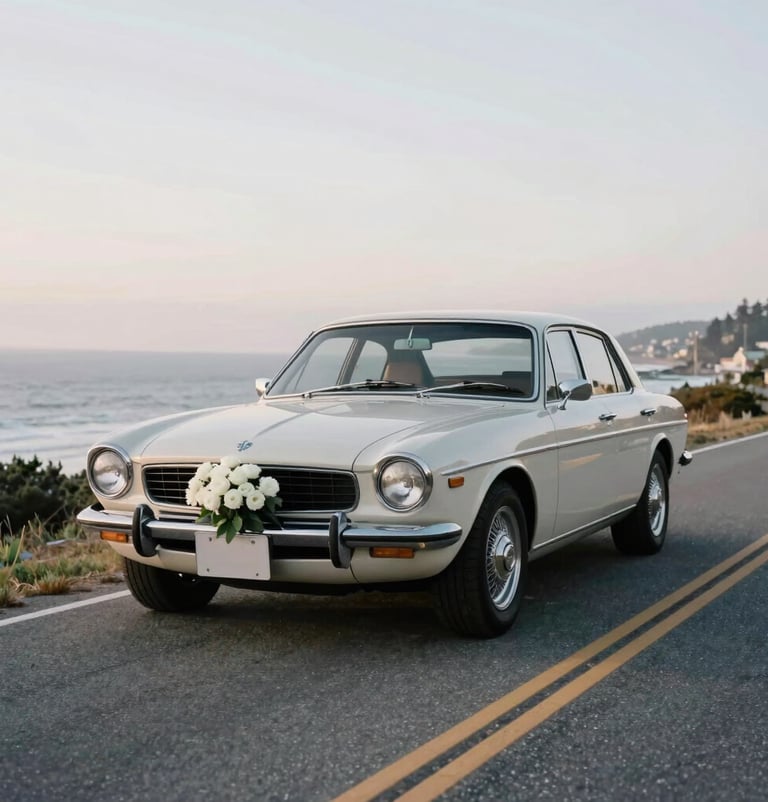 A luxury photography shot of a vintage getaway car parked on a quiet North American coastal road. The image is clean and minimalist, featuring a simple white floral arrangement on the bumper and soft, professional lighting.