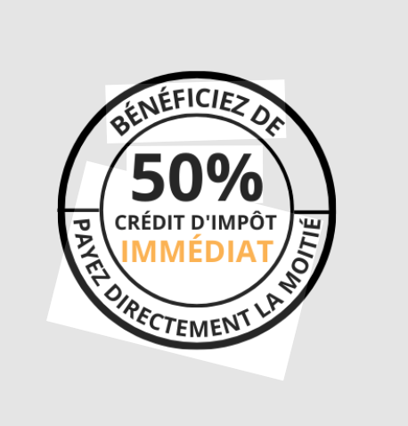 Logo circulaire annonçant 50% de crédit d'impôt immédiat pour payer directement la moitié.