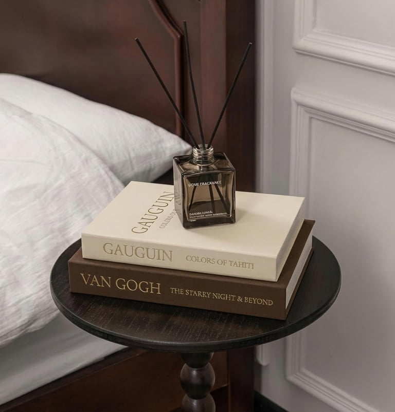 A reed diffuser sits on top of Van Gogh and Gauguin art books on a dark wood bedside table.