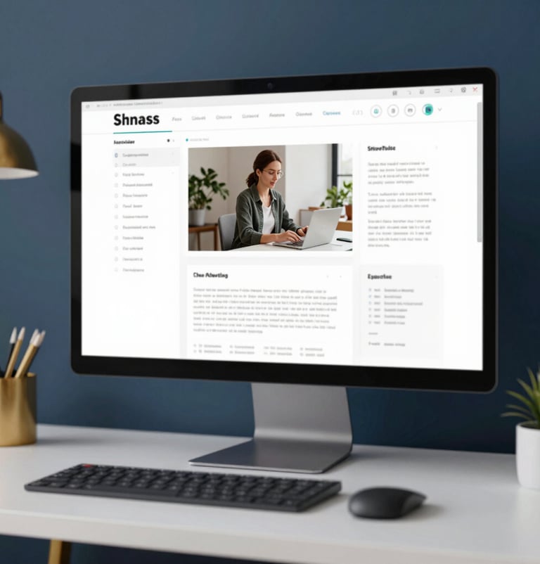 A professional designer's workspace with a large monitor displaying complex design wireframes. The room has soft lighting and a modern aesthetic, featuring navy blue walls and gold desk accessories.