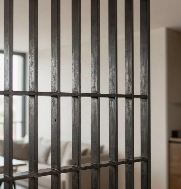 Side profile of a bespoke steel partition in a high-end apartment. The lighting highlights the matte finish of the deep charcoal metal and the crystal-clear glass panels, showcasing industrial elegance.