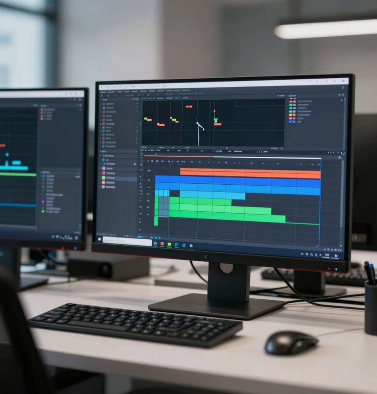 A professional animator's workspace with high-end monitors showing motion curves and timelines. Clean, modern, high-tech atmosphere with #0d1026 mood.