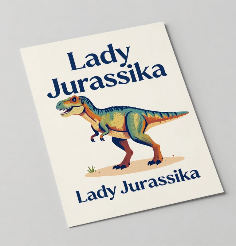 A stylish flat-lay of an art exhibition flyer for Lady Jurassika. The flyer features a colorful Velociraptor illustration in #D87D51 and #1F3A4B colors, set against a clean #F9F5EF background.