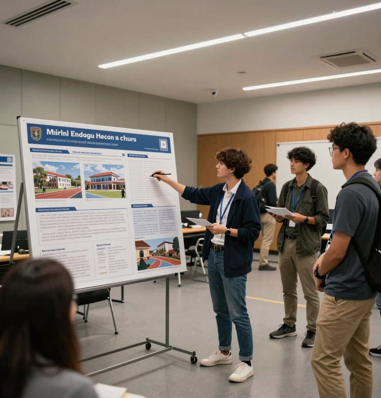 A wide shot of an aspiring student presenting a large project poster to a small group of engaged people in a North American / US academic hall. The lighting is crisp and modern.