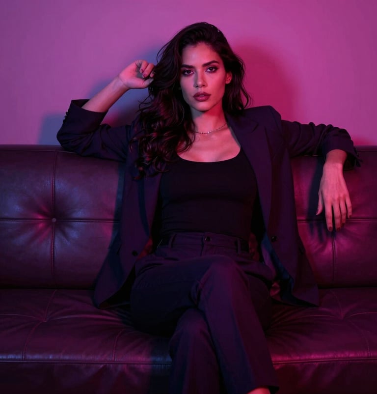 A high-end cinematic shot of an adult model, posing elegantly on a luxury leather couch, bathed in deep magenta and purple neon light. Seductive atmosphere, modern dark-mode aesthetic, global appeal, Latin American / Global.