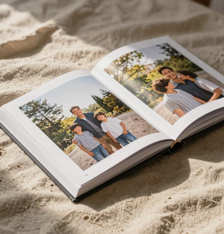 A lifestyle photograph of a printed photo album laying on a soft sand colored linen cloth. The pages show the family photos. Natural, warm morning light in a Western / Global home interior.