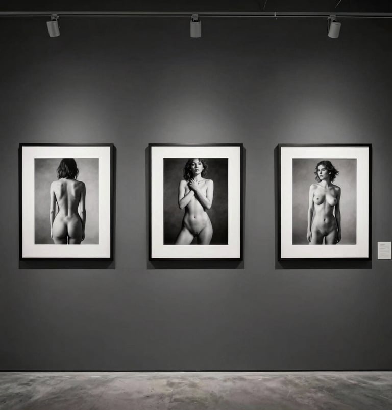 Interior shot of a modern Buffalo, NY art studio gallery. Three framed black and white art nude photographs are displayed on a charcoal grey wall with minimalist spotlighting.