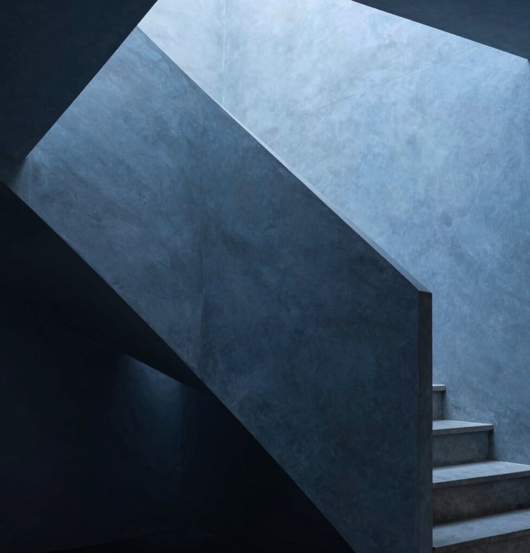 Architectural detail of a minimalist staircase in a Portuguese studio, sharp angles, interplay of light and shadow on Slate Blue surfaces. Abstract conceptual photography, elegant and refined style.