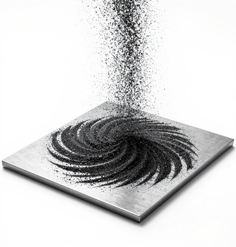 A minimalist, abstract black and white photograph of sand vibrating on a metal plate, creating a complex Chladni pattern. Clean white background, sharp black grains. Artistic and scientific aesthetic in a North American studio.