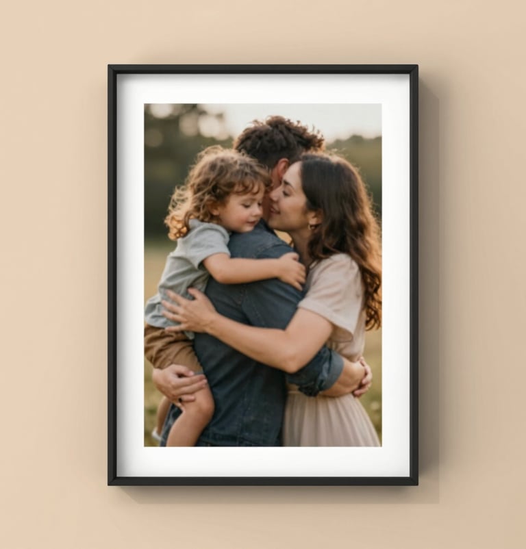 A high-quality lifestyle photograph showing a framed portrait of a family from the shoot hanging on a warm, sand-colored wall #FDF8F0. The image inside the frame captures a spontaneous, heartfelt hug. Cinematic and authentic.