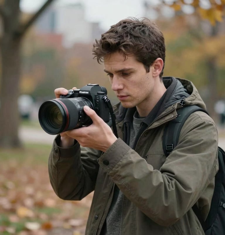 A professional photographer in North American outdoor attire holding a mirrorless camera, looking focused while adjusting settings. The background is a blurred soft-focus urban park in autumn.