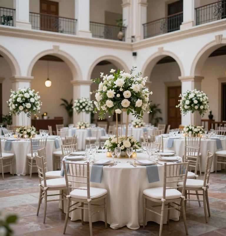 A wide-angle professional photograph of the Salón de Eventos Juan Pablo in Palmira, Valle. Elegant decorations in soft off-white and slate blue-grey, ready for a grand social event in a South American / Colombian context.