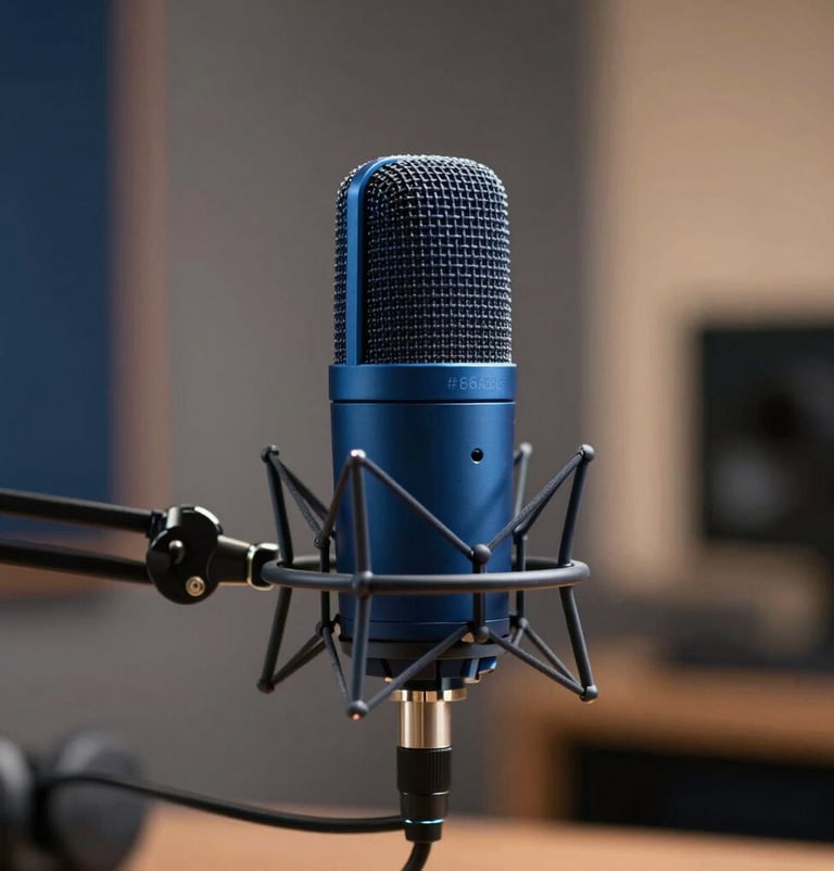 A high-end podcasting studio setting with soft bokeh. A slate blue #86A3B8 microphone is the focus. Sophisticated lighting, professional and calm atmosphere.