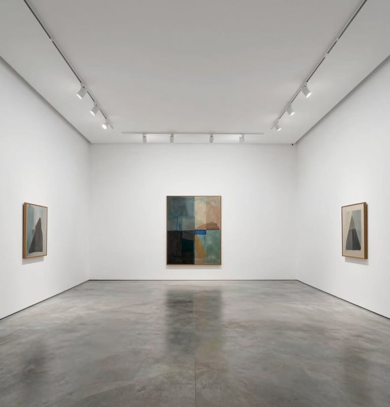 Wide view of the main hall of Galerie ZAXAPH Paris, high ceilings, white walls, polished concrete floor in #5F5B54, one central art piece, ultra-premium.