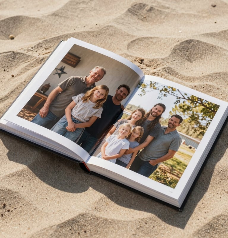 A high-quality physical photography album lying open on a soft sand colored linen surface. The open page shows a cinematic portrait of the family. The room is filled with warm, natural North American / General Western afternoon light.