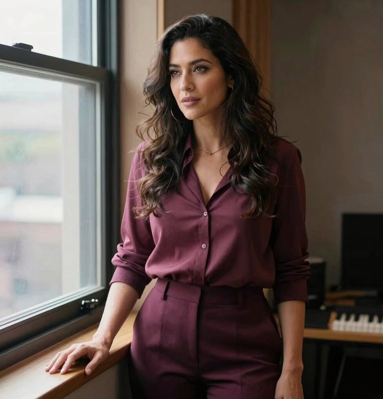 A studio portrait of a performer in a North American / US music studio. She is standing by a window with natural light, wearing muted rose and dark aubergine attire. The atmosphere is captivating, inviting, and highly professional.