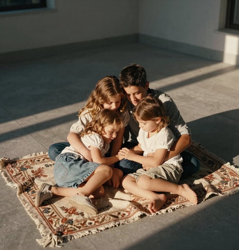 A family of four huddled together on a vintage blanket, captured from a distance. The scene is bathed in warm sun-drenched light, with long deep charcoal grey shadows and a friendly, inviting mood.