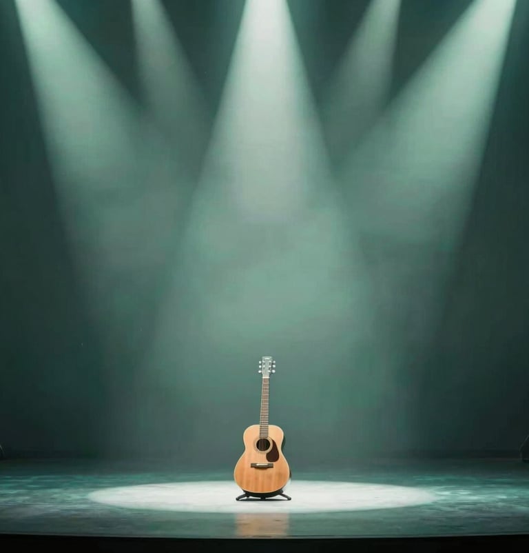 A wide-angle shot of a stage stage bathed in soft teal #386F6F and sage #91AA9D lighting, focusing on a lone guitar under a spotlight, inviting and emotional atmosphere.