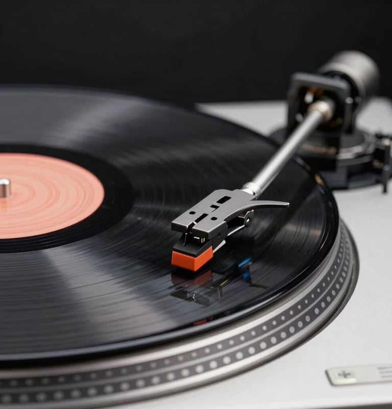 Detailed macro photography of a turntable and vinyl record spinning, with a focus on the needle. Modern, clean setup in a Spanish / Latin American lounge. Lighting is soft platinum grey against a rich deep black background, conveying professional longevity.