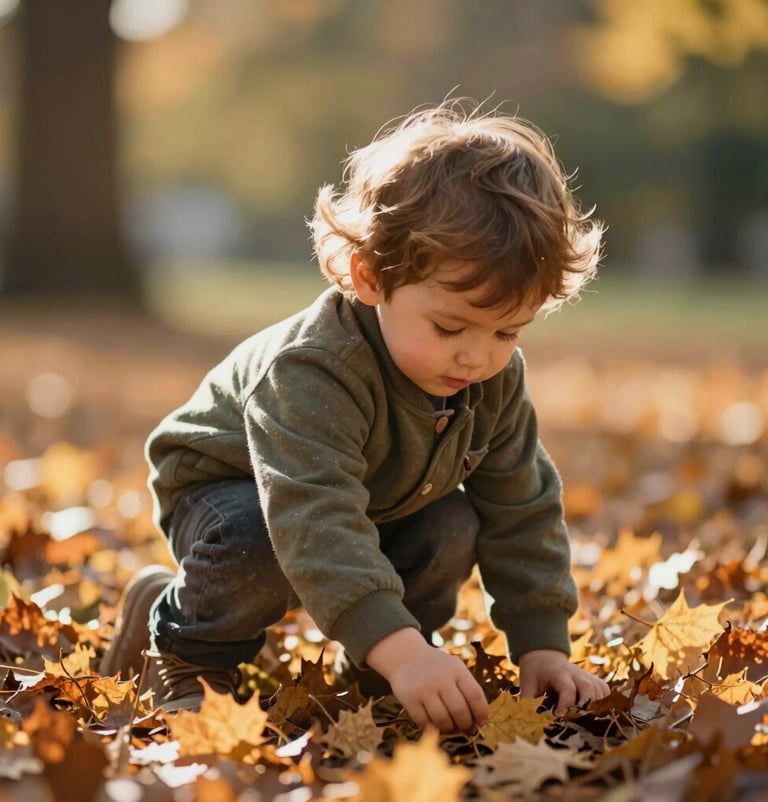 A candid shot of a toddler playing with autumn leaves, backlit by a warm sun, showcasing rich textures and genuine emotion with cinematic depth.
